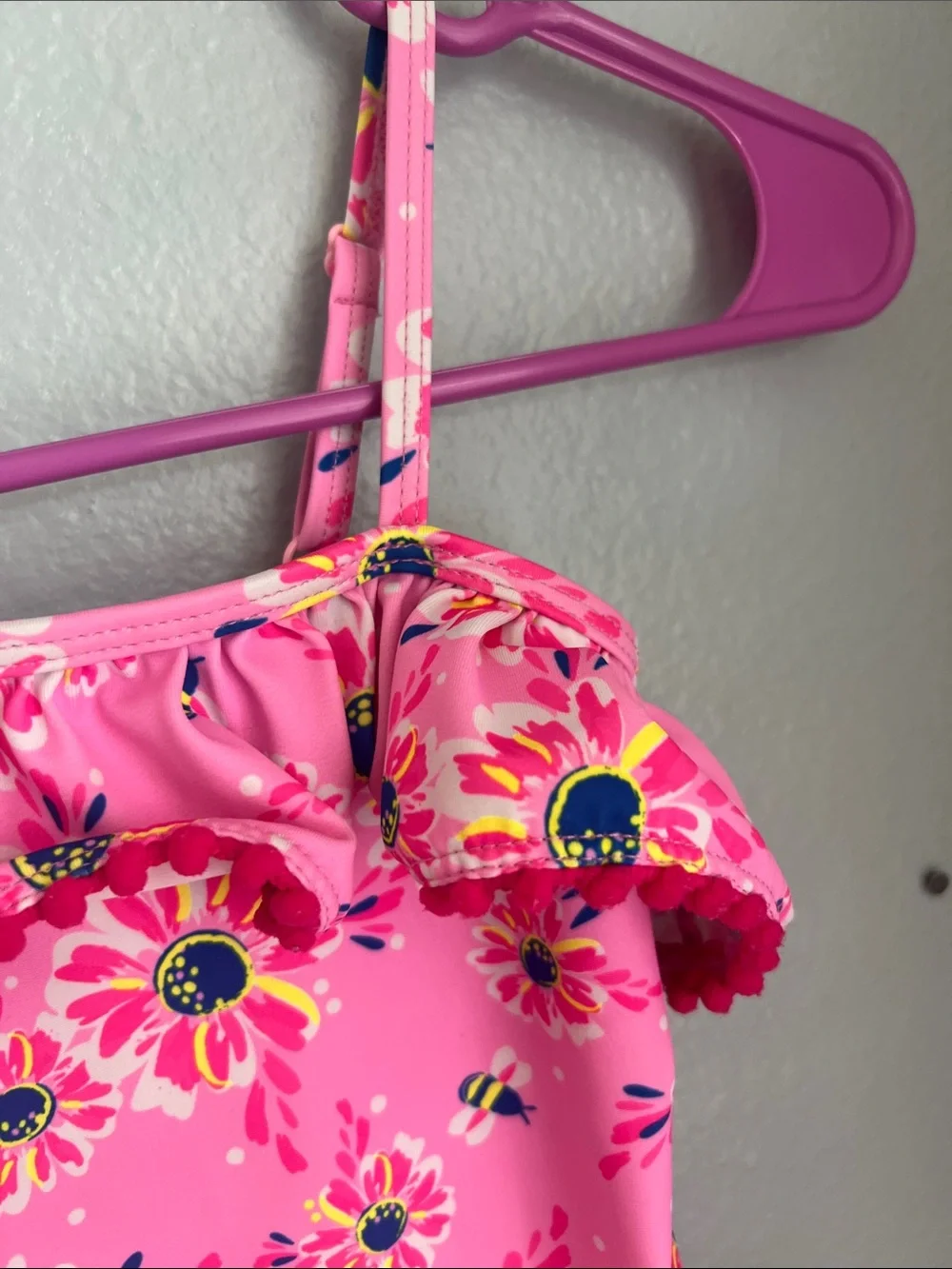 Girls Pink Floral One-Shoulder Ruffle Swimsuit Bees
